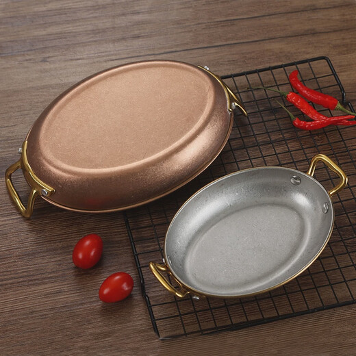 Fantasy Western-style food serving plate double-ear oval flat plate tray stainless steel seafood plate high-end steak retro double-ear dan-shaped gold flower plate 20.5cm