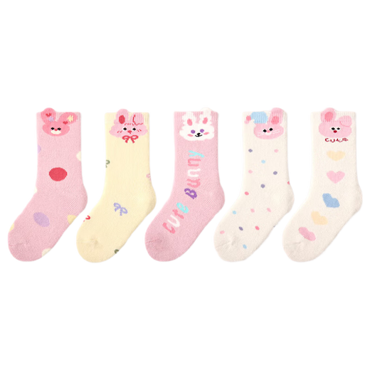 Girls socks, children's autumn and winter velvet thickened terry socks for little girls and babies, warm solid color mid-calf cotton socks 1 pair - terry bunny (1780) (random color/not supported note) 3-5 years old, recommended shoe size 2-27