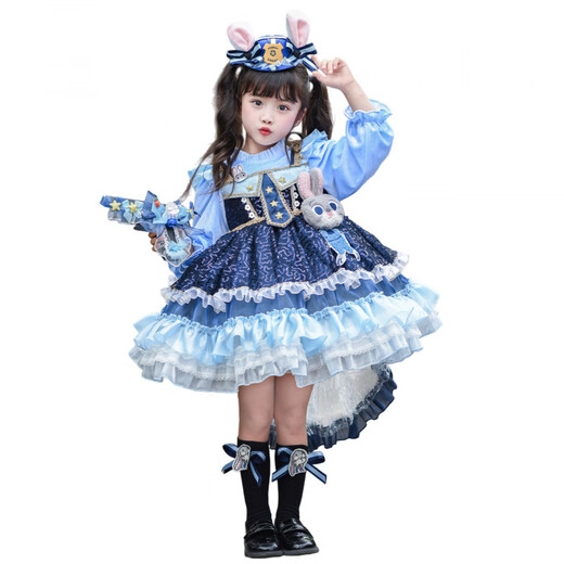 Chongyou Judy Rabbit Officer Dress Children's velvet winter girl's autumn and winter baby Lolita princess dress Rabbit pendant + headband + socks + panniers + rabbit velvet skirt Ready in stock with drag 100 cm