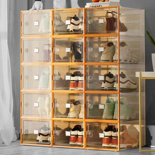 Yusenyi Shoebox Storage Box Transparent Shoe Cabinet Dormitory Shoes Internet Celebrity Space-Saving Drawer Folding Sneakers Plastic Shoe Rack High Translucency Can Hold Size 42 Small Orange 32 Pieces 0x0x0cm