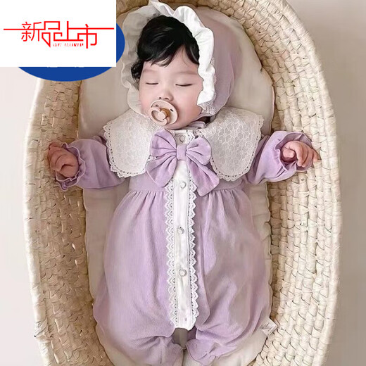 Disney baby spring and autumn long-sleeved one-piece baby girl cute princess harem Internet celebrity fashion full moon 100-day outing romper red J hooded lace collar one-piece 66 52cm