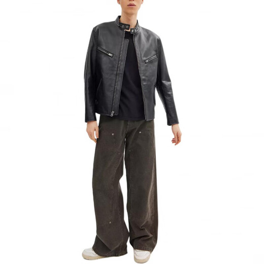 COACH RACER solid color round neck zipper long-sleeved leather jacket men's black black S