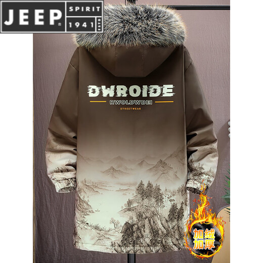 JEEP SPIRIT mid-length jacket for men in autumn and winter plus velvet and thickened large fur collar windbreaker jacket gradient color warm parka for men 717 white plus velvet and thickened M about 90-110Jin Jin is equal to 0.5 kg