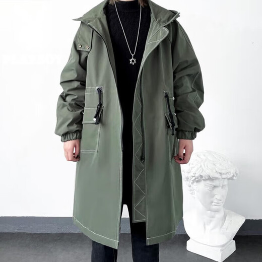 Playboy windbreaker men's autumn and winter mid-length hooded men's casual thick coat young men's loose long velvet coat 11-F262 hooded long windbreaker coat black XL recommended weight 135-160Jin Jin equals 0.5 kg