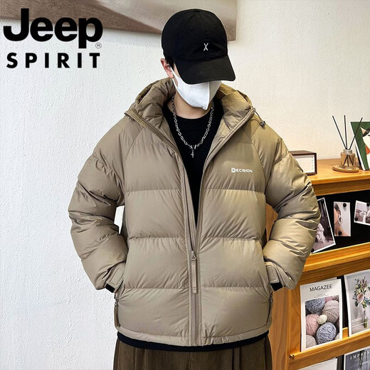 JEEP吉普国际品牌2025冬季短款新款连帽鸭绒羽绒服加厚男保暖面包外套 卡其色 M