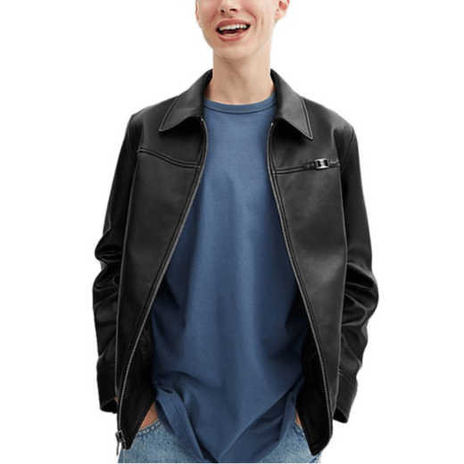 蔻驰（COACH）FW24 纯色拉链翻领长袖皮衣 男款 黑色 黑色 M