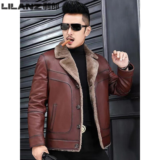 LILANZ winter new Haining fur all-in-one leather jacket men's short jacket suit collar young and middle-aged thickened jacket trendy red brown M 165-100-115Jin Jin equals 0.5 kg