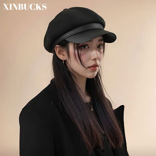 XINBUCKS Korean style beret women's four seasons literary British retro solid color octagonal hat ladies newsboy hat high appearance black one size fits 55-59CM