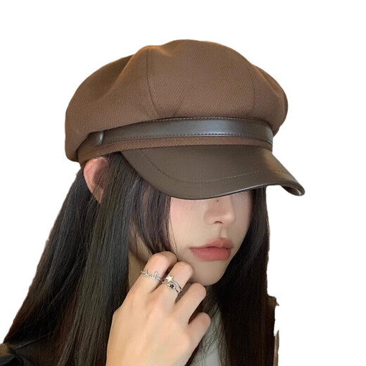 Haofanjie beret hat octagonal hat winter women's coffee color face small fashionable foreign style versatile painter hat autumn and winter new style leather buckle beret coffee color one size