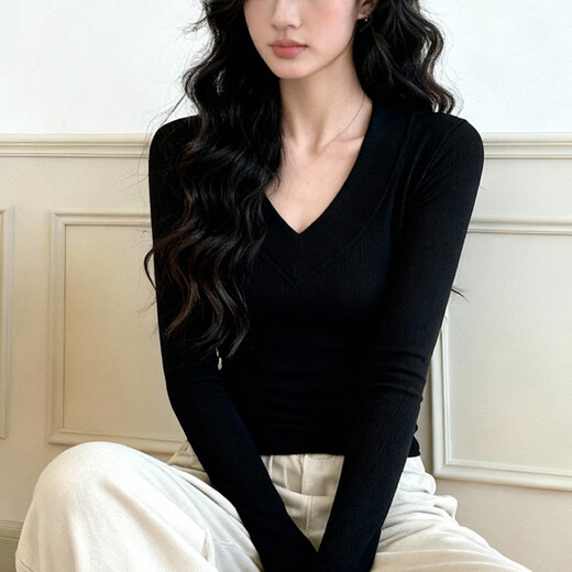 NOME large V-neck thickened bottoming shirt, right shoulder long-sleeved top, women's waist slimming slightly flared cuffs bottoming shirt, black 2XL