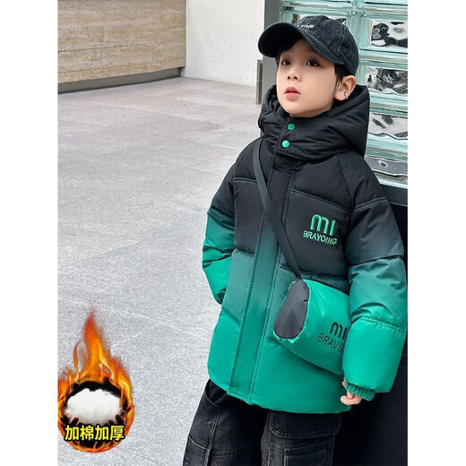Fat Donglai buys boys' winter down cotton-padded jacket with 50% off plus velvet and thickened lamb's wool gradient color foreign style purple_free satchel + lamb's wool lining 110 cm_recommended height around 100-110