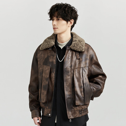 Rich collar 100% sheep wool filled men's leather jacket winter lapel quilted warm retro rub color PU leather jacket for men