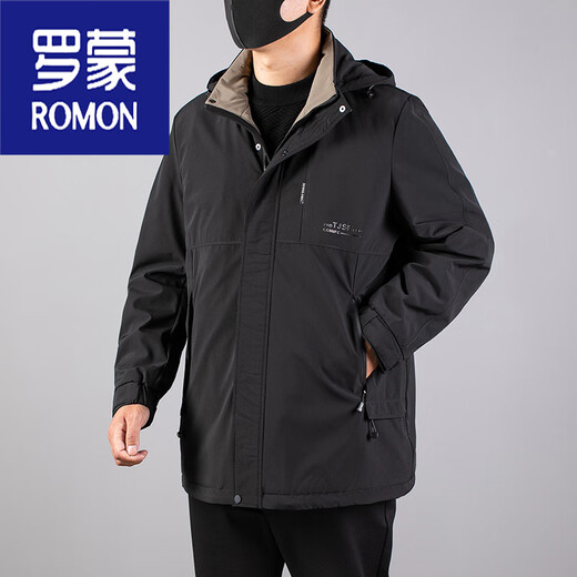 罗蒙（ROMON）高端大码中长款风衣中年胖男秋冬加绒保暖外套加肥加大宽松薄棉衣 黑色 5XL 230-240斤