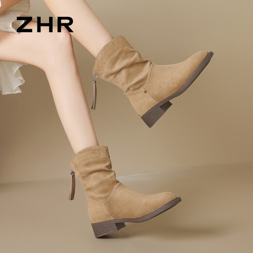 ZHR sheep cashmere elastic boots for women 2025 winter new style plus velvet retro short boots to keep warm and comfortable pile boots khaki 35