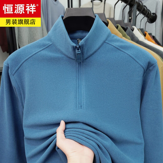 Hengyuanxiang anti-static autumn and winter zippered half-high collar long-sleeved T-shirt for men thickened and warm double-sided velvet sweatshirt with base layer khaki XL 52