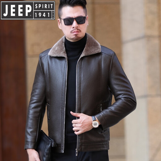 JEEP SPIRIT皮衣新款2025男士冬翻领加绒皮夹克百搭外套皮毛一体 绿色 M 170/84A