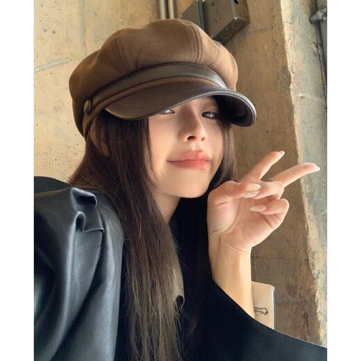 Haofanjie beret hat octagonal hat winter women's coffee color face small fashionable foreign style versatile painter hat autumn and winter new style leather buckle beret coffee color one size