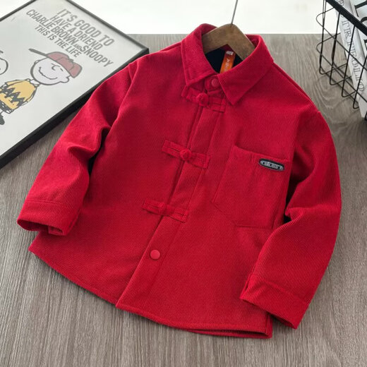 Boys' velvet long-sleeved shirt New Year's greetings clothes for children and babies Korean style trendy corduroy shirt tops red velvet 120