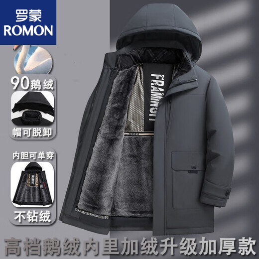 罗蒙（ROMON）中老年高端鹅绒羽绒服男士加厚加绒内胆可单穿保暖爸爸冬装 经典黑【内胆可单穿】鹅绒服 M 170