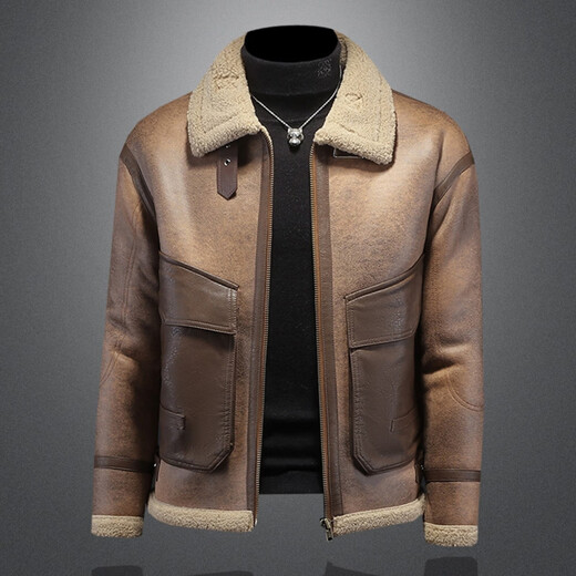 GENIUS international first-line brand men's short slim-fit leather jacket plus velvet and thickened lamb wool winter coat brown leather brown M 90-115Jin Jin is equal to 0.5 kg