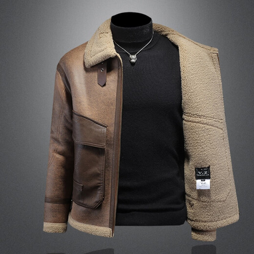 GENIUS international first-line brand men's short slim-fit leather jacket plus velvet and thickened lamb wool winter coat brown leather brown M 90-115Jin Jin is equal to 0.5 kg
