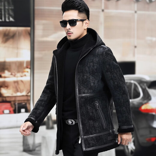 CHEVALPES international first-line brand genuine leather jacket for men, cowhide wool liner, imitation fur one-piece sheep sheared large windbreaker, black M 165