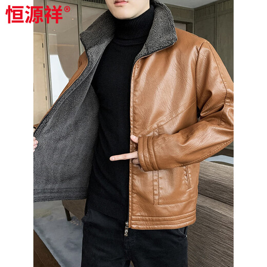 Hengyuanxiang autumn and winter leather jacket men's velvet thickened fur all-in-one warm jacket fat man loose plus size leather jacket trend khaki 6917 6XL