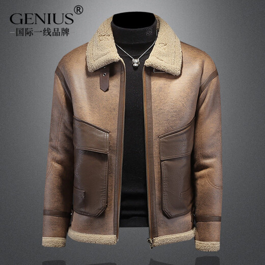 GENIUS international first-line brand men's short slim-fit leather jacket plus velvet and thickened lamb wool winter coat brown leather brown M 90-115Jin Jin is equal to 0.5 kg