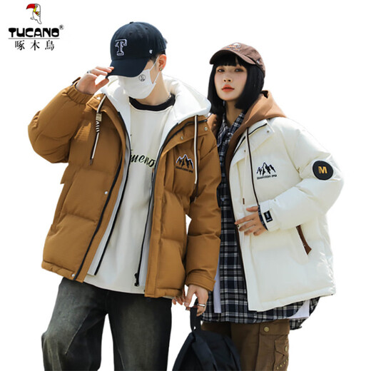 Дятел, искусственный двухсекционный пуховик для мужчин и женщин, утолщенная куртка с капюшоном, мужская зимняя пара носит теплую и морозостойкую одежду 1681, красный L, от 110 до 125, можно носить Джин Цзинь, равный 0,5 кг.