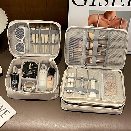 Aoyanlai New Product Cute Large Capacity Portable Women's Makeup Brush Cosmetic Storage Bag Portable Cosmetic Bag Travel Wash Double Layer Large Capacity Beige Free Capibala Brooch