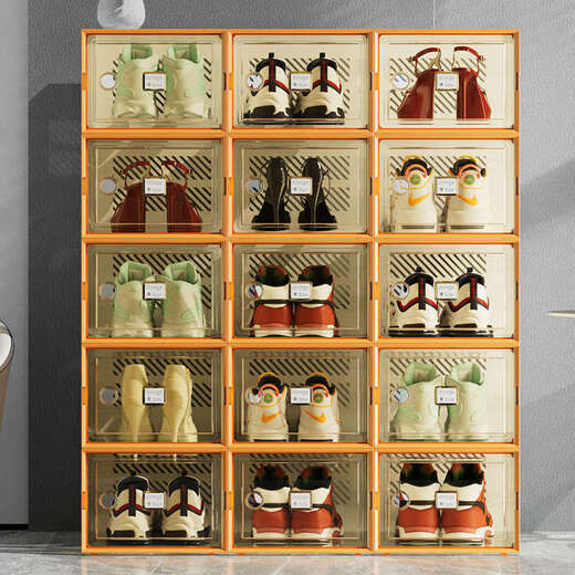 Yusenyi Shoebox Storage Box Transparent Shoe Cabinet Dormitory Shoes Internet Celebrity Space-Saving Drawer Folding Sneakers Plastic Shoe Rack High Translucency Can Hold Size 42 Small Orange 32 Pieces 0x0x0cm