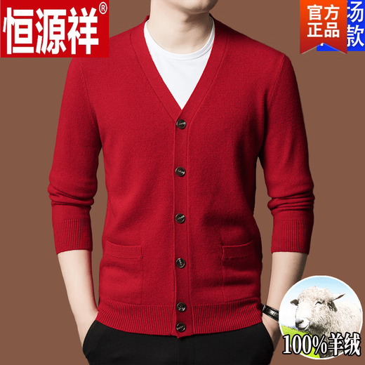 Hengyuanxiang pure wool cardigan for men autumn and winter 2025 new thickened warm knitted sweater jacket for men 3303-Golden Camel Goat Wool M 165