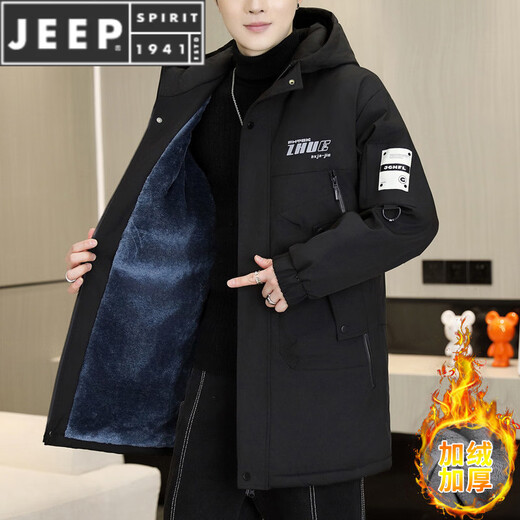 JEEP SPIRIT winter mid-length windbreaker men's hooded plus velvet thickened parka cotton trendy handsome casual jacket 3-29-plus velvet 25801 black M