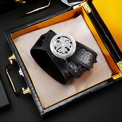 LISM Light Luxury High-end Men's Belt Genuine Leather Products Shi Lai Run Crocodile Leather Smooth Buckle Belt Men's Silver Buckle Black Belt 125cm