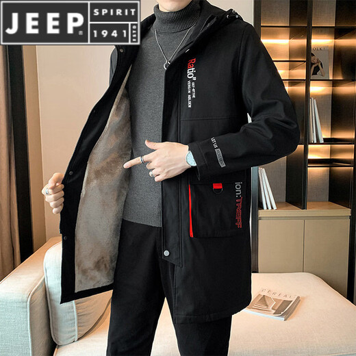 JEEP SPIRIT Autumn and Winter Plus Velvet Thickened Windbreaker Men's Fat Man Plus Fat Extra Size Medium Long Jacket Fat Man Loose Casual Jacket Trendy Black Plus Velvet 6XL