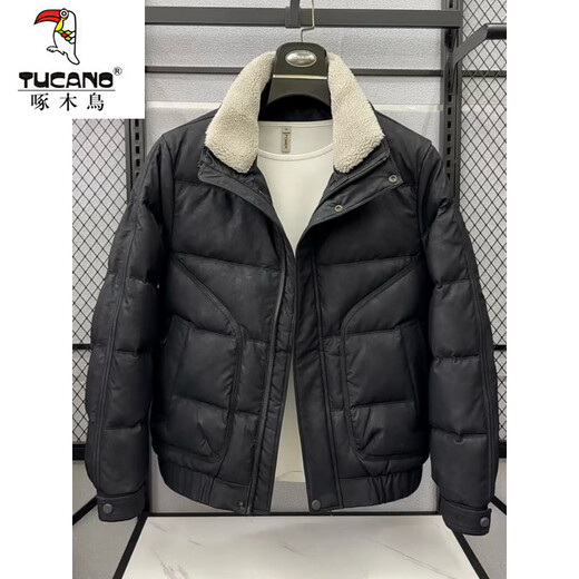 Woodpecker (TUCANO) 2025 winter new leather down jacket men's trendy style detachable fur collar cold-proof jacket thickened winter jacket black M