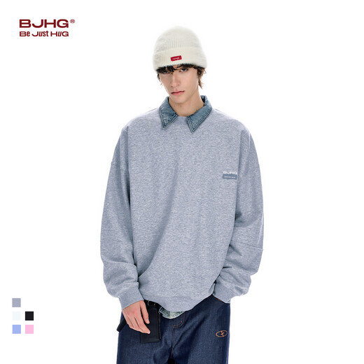 BJHG reckless round neck couple long-sleeved T-shirt for men, spring fashion brand American embroidery loose basic sweatshirt for women, graphite black XL