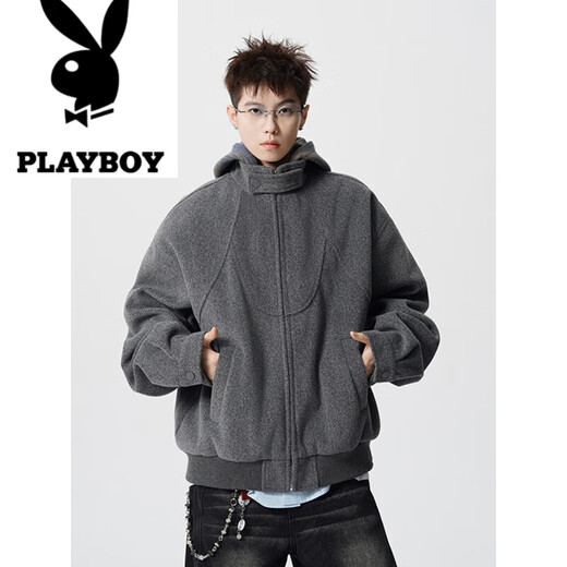Playboy (PLAYBOY) American deconstructed splicing hooded woolen cotton jacket for men in winter trendy brand loose design thickened warm cotton jacket heather gray M