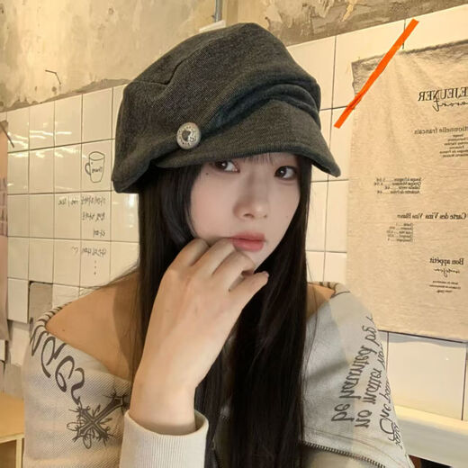 Shen Shi Yi Japanese retro pleated beret women's 2025 new versatile Baotou hat big head circumference showing face little painter hat trendy love button beret dark gray one size