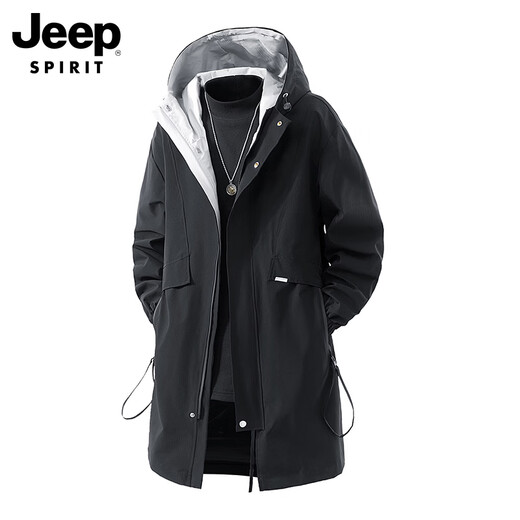 JEEP SPIRIT Jeep Windbreaker Men's Spring Teen Trendy Hooded Windproof Casual Mid-Length Jacket Black 3XL