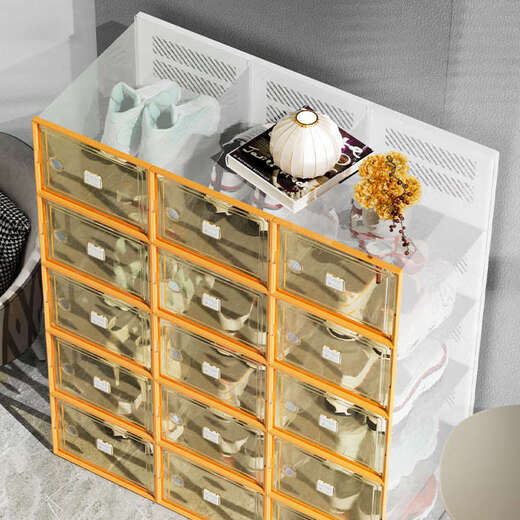 Yusenyi Shoebox Storage Box Transparent Shoe Cabinet Dormitory Shoes Internet Celebrity Space-Saving Drawer Folding Sneakers Plastic Shoe Rack High Translucency Can Hold Size 42 Small Orange 32 Pieces 0x0x0cm