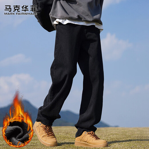 马克华菲（MARK FAIRWHALE）牛仔裤男士冬季美式宽松阔腿裤子男潮休闲裤男裤 黑色加绒 2XL