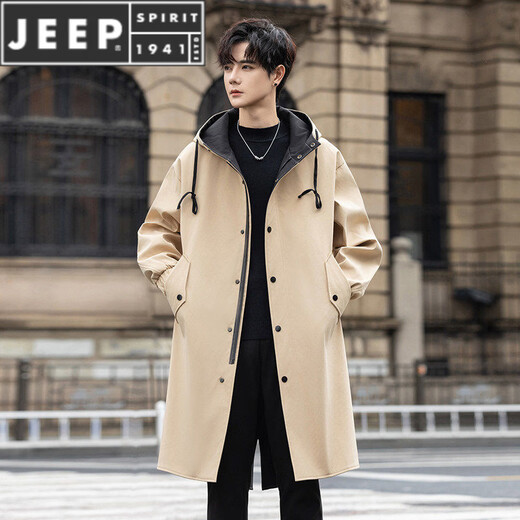 JEEP SPIRIT风衣外套男冬秋长款男士大衣冬季加厚派克服英伦风休闲服男款 黑色 M 【100-120斤】