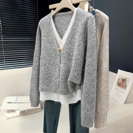 Sibaishe sheep wool V-neck splicing sweater for women 2025 autumn new Korean style loose long-sleeved top