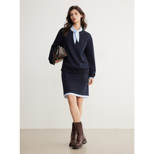 ELLE College Style Fake Two-piece Sweatshirt Casual Skirt Suit Women's 2026 Spring New Design Two-piece Set Navy L