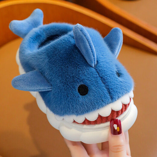 Aoyanlai New Product Children's Cotton Slippers Autumn and Winter Cartoon Shark Boys Indoor Non-Slip Teenagers Thick Sole Warm Home Blue (Not Rooted) 18 150mm