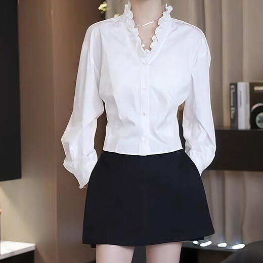 White edge V-neck long-sleeved shirt for women 2025 autumn new style light luxury and age-reducing style top White L Recommended 100-115 Jin Jin equals 0.5 kg