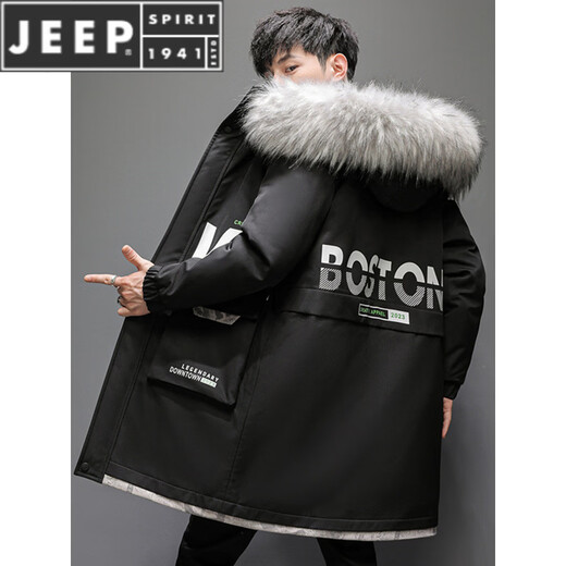 JEEP SPIRIT autumn and winter men's velvet thickened windbreaker men's hooded fur collar mid-length trendy casual warm jacket top black M