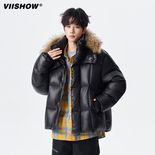 viishow冬季可拆卸毛领连帽羽绒服男女潮牌90绒保暖情侣防寒外套 黑色 S