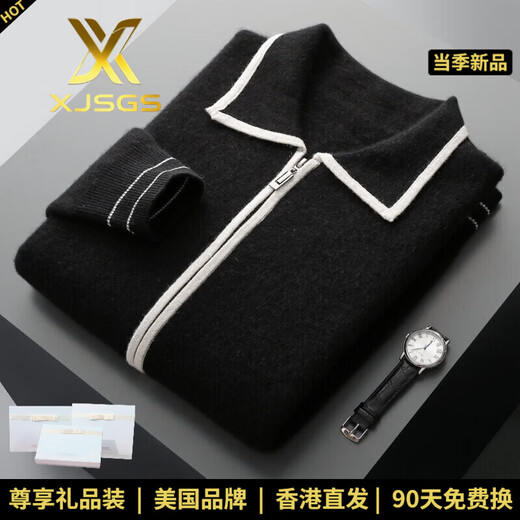 XJSGS international luxury high-end brand men's pure wool knitted bottoming shirt autumn and winter thickened lapel casual sweater high-end black men's brand winter style S